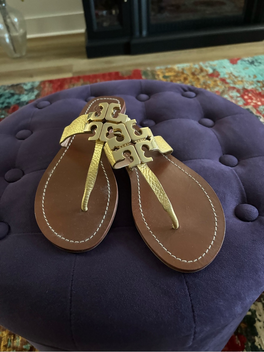 Tory Burch Metallic Gold Logo Thong Sandals with Brown Footbed